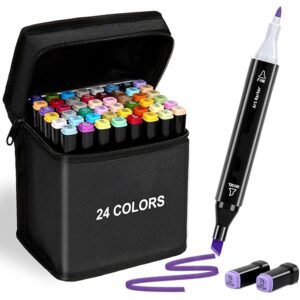 KLIFFOO Dual Tip Colorful Art Markers Sketch Pens 24 Colors With Carrying Case For Painting Sketching Calligraphy Drawing -Twin Head Permanent Coloring Marker Pens For Kids Adult,